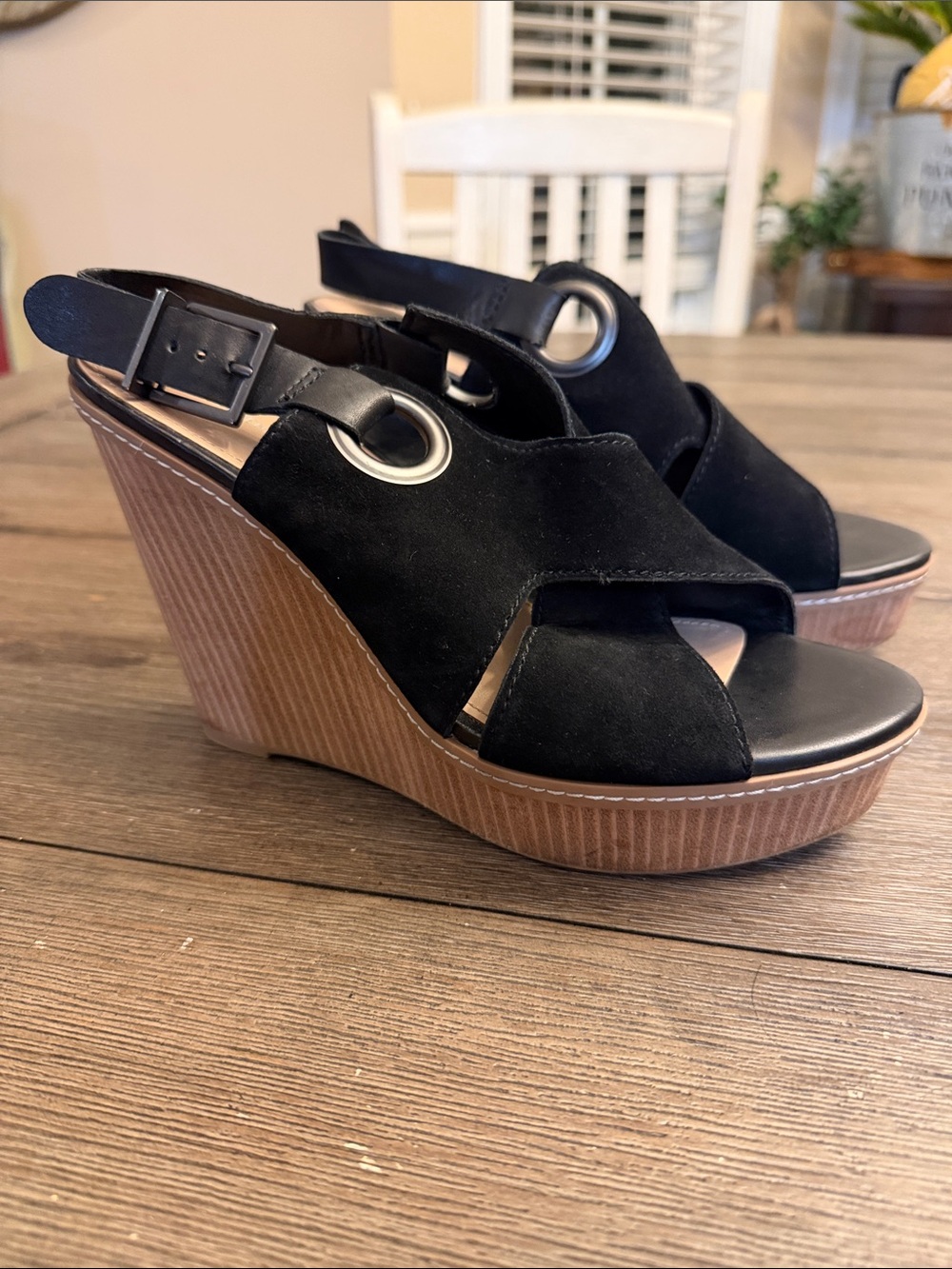 BCBGeneration Black Suede Slingback Platform Wedge Sandals